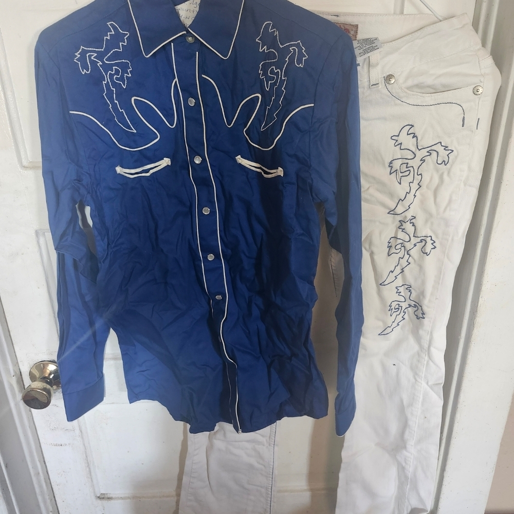 Blue Western Embroidered Shirt And Jean Set
